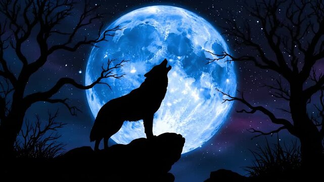 Dramatic silhouette of a howling wolf on a cliff against a vibrant blue full moon and a dark, star-filled night sky with spooky trees.