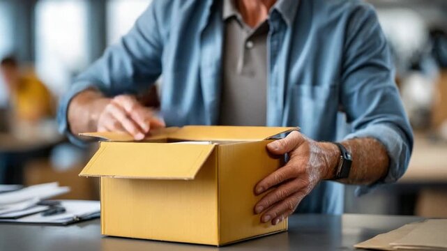 Parcel Preparation: An individual meticulously prepares a parcel, carefully sealing a cardboard box, embodying the essence of efficient logistical operations.