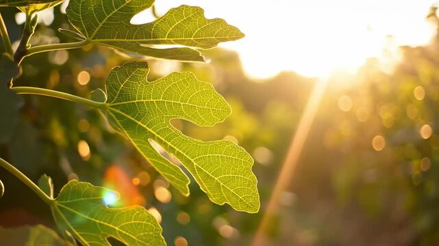 Abstract background of vibrant green fig leaves and intense sunlight lens flare shimmering through the blurred bokeh circles creating a soft natural texture spring, outdoors, tranquil