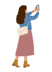 Minimalist illustration of a woman taking a selfie from behind wearing denim jacket midi skirt and ankle boots in a clean modern style. Isolated on transparent background