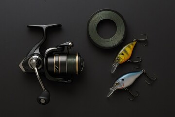 Fishing reel, line spool, and colorful lures arranged on a dark background, essential equipment for angling and sport
