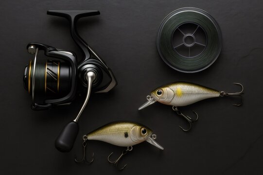 Fishing reel, monofilament line spool, and two realistic fishing lures arranged on a flat dark surface