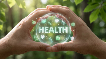 glass sphere with health text, glowing medical icons heart dna apple, green nature forest background, wellness protection concept, healthcare abstract technology, bio care, nutrition symbol.