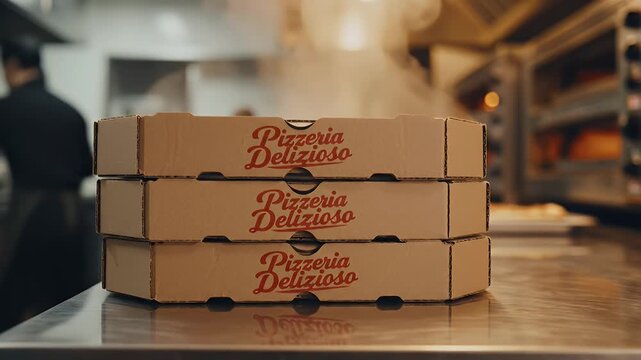 Delicious Pizzeria: Freshly Baked Pizza Boxes Ready for Delivery and Customer Pick-up