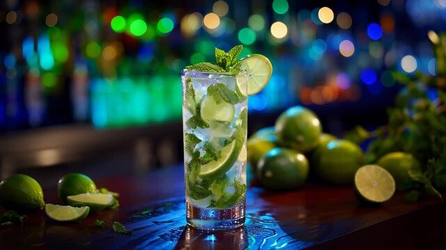 A mojito cocktail with lime and mint leaves on the bar counter in a night club, against a green color background, with a blurred background.