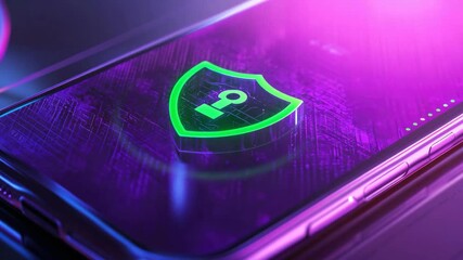 High-tech cellphone with purple glowing lock screen, featuring a prominent security symbol for data protection and encryption.