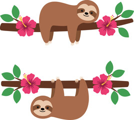 Obraz premium Cute sloth character hanging and resting on tropical branch with flowers cartoon animal vector illustration