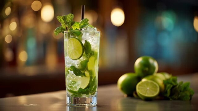 A mojito cocktail with lime and mint leaves on the bar counter in a night club, against a green color background, with a blurred background.