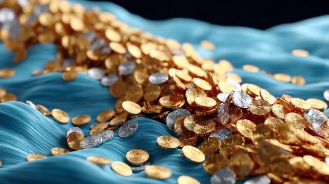 Coin Cascade: A golden stream of coins flows across a turquoise, evoking wealth and abundance, symbolic of prosperity and financial achievement.