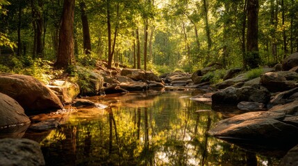 Obraz premium Tranquil Forest Stream Surrounded by Sunlit Trees and Rocky Outcrops in a Serene Natural Setting Perfect for Relaxation and Reflection