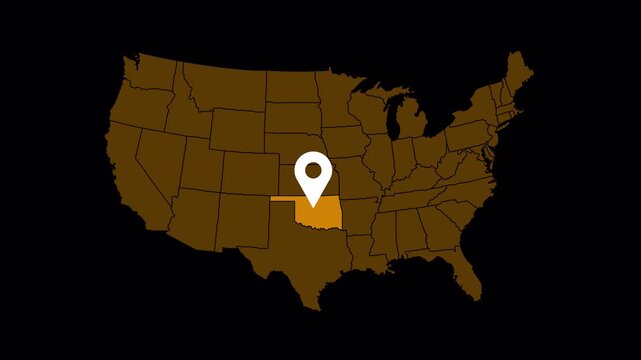 High quality 4K animation of the Oklahoma state map with a location pin marker. Clean motion graphic suitable for navigation, travel, business location, presentations