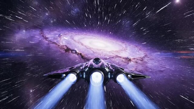 Futuristic spaceship accelerating through hyperspace towards a beautiful purple spiral galaxy in the vast cosmos