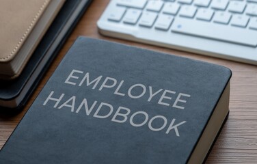 A book titled EMPLOYEE HANDBOOK on a wooden desk. Corporate policy and the onboarding process for new personnel concept.