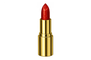 Red glitter lipstick in gold tube, shimmering deep color for beauty, makeup, luxury, and holiday glamour