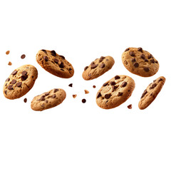 Chocolate chip cookies and cookie crumbs in motion isolated on a transparent background