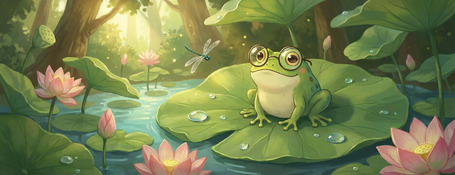 Whimsical illustration of a cute frog wearing glasses sitting on a lotus leaf in a magical pond.