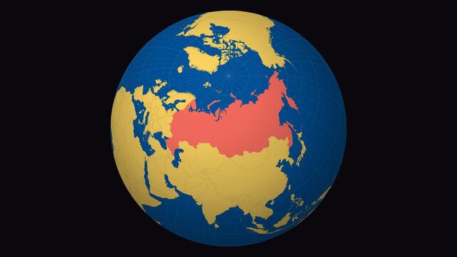 Russia on Globe. Animated zoom into the country in Ocean Blue Golden Yellow color palette. Russia logo animation. Map with meridians, parallels. Classy video.