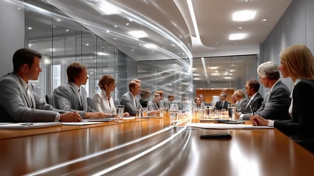 Business Meeting Dynamics: A professional gathering unfolds around a polished boardroom table, capturing collaborative spirit, focused discussion, and dynamic leadership.