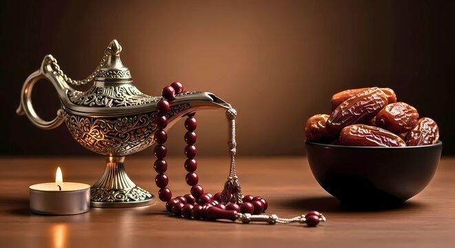 Ramadan essentials: dates, prayer beads, and a lamp with a candle.