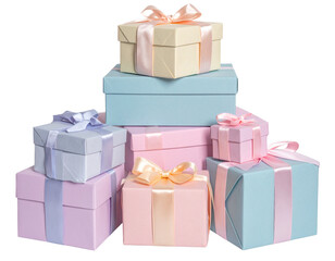Obraz premium Stack of Pastel Gift Boxes Wrapped with Ribbons, Isolated on Transparent Background
