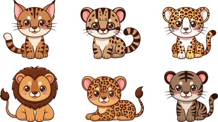 Cute wild cat cub character set featuring lion leopard tiger cheetah cartoon animal mascot vector illustration © Sumon Creative