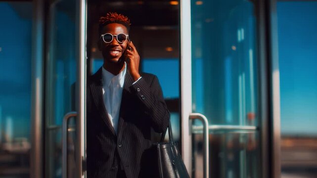 Confident Businessman Exiting Building: A stylish individual in a suit and sunglasses engages in a lively phone conversation, exuding professionalism and charisma as he steps into the vibrant outdoors