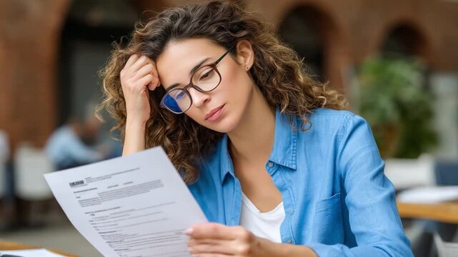 A Moment of Reflection: A woman carefully examines the documents, her face revealing a sense of concentration and contemplation. This captures the quiet dignity of a mindful pursuit of details.