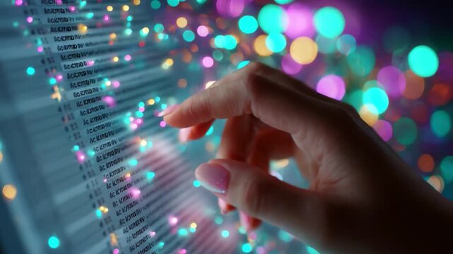 An Intricate Hand Interaction with Dynamic Data Display, Showcasing Finger Movement Over a Colorful Light-Infused Screen Filled with Vibrant Bokeh Effects and Listed Information.