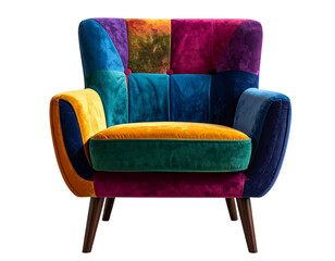 Multi-Colored Velvet Chair with Modern Design, Front View, Isolated on Transparent Background