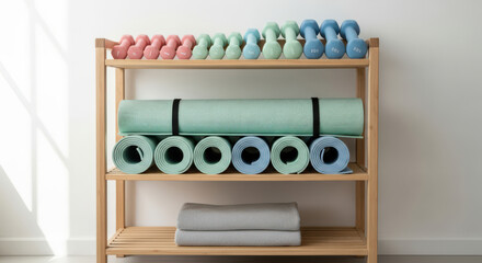 Naklejka premium Home Gym Organization with Dumbbells and Yoga Mats on a Wooden Shelf Against a White Wall Offering a Clean and Organized Fitness Space for Exercise Enthusiasts