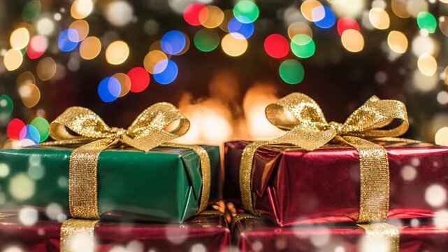 Abstract colorful bokeh lights shimmering and flickering behind a stack of vibrant green and red wrapped gifts illuminated by the seasonal atmosphere seasonal, winter, holiday