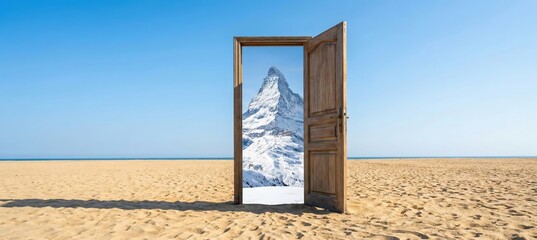 Open door revealing snowcapped mountain peak on sandy beach, contrasting seasons and destinations Concept of escape, adventure, and new beginnings