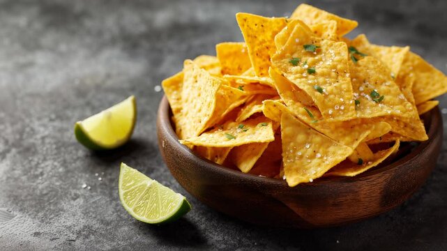A bowl of tortilla chips with lime on the side, close up, on a light background.