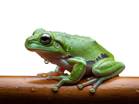 Green tree frog with water droplets on wooden branch isolated transparent background