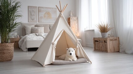A dog is sitting in a teepeed teepeed tent