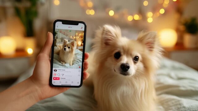 A Cozy Moment: A Cute Fluffy Dog with Soft Fur Gazes Calmly While a Beautiful Photograph of It Is Displayed on a Smartphone Against a Warm, Luminous Background.