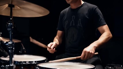 Drummer Performing a Dynamic Beat on a Drum Kit in a Dark, Atmospheric Studio