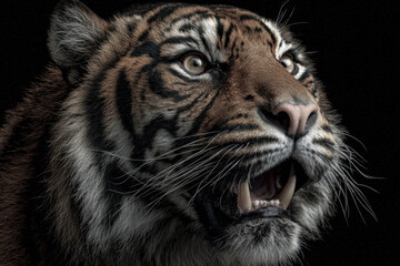 Obraz premium Tiger Roaring Against Black Background