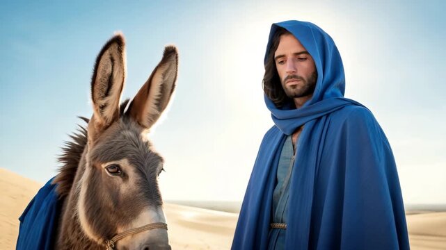 A depiction of Jesus Christ or a prophet with a donkey in the desert. Man in a blue hooded robe on a spiritual journey through sand dunes. Biblical story and christian faith concept