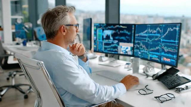 Market Analysis at Work: An analyst, eyes fixed on complex financial data displayed across multiple monitors, meticulously examines market trends in a modern office, seeking insights