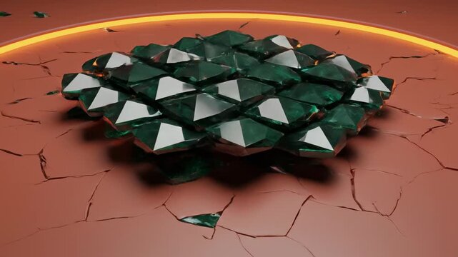 Abstract dark green faceted geometric shards slowly assembling and breaking apart in a complex scale pattern formation on a smooth illuminated terracotta surface minimalist, connection, formation