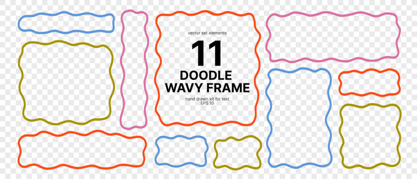 Wavy Textbox Frame Border Kit. Black Line Wave Shape Border for Text Box Bundle. Scallop Edge Square  Frames Set. Vector Graphic Elements in Transparent Png Background