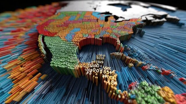 Geographical Data Visualization of North America: Detailed map highlighting data trends across North America, showcasing the continent in an artistic and informative way.