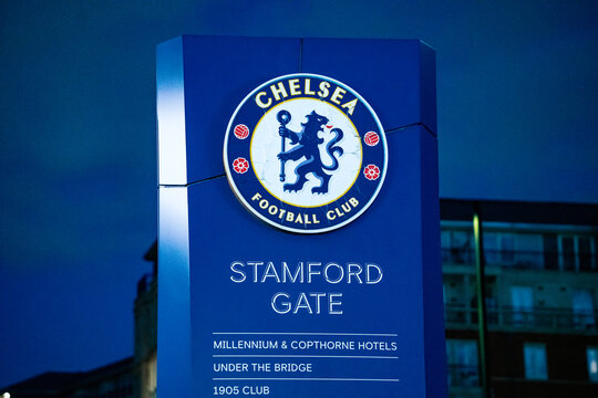 Chelsea FC Football Club (CFC) Wayfinding Sign, Stamford Gate Entrance, Stamford Bridge Stadium, Hammersmith Fulham, West London, England, United Kingdom &mdash; 7 January 2025