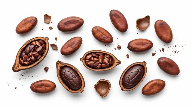 Natural cocoa beans isolated on white, top view