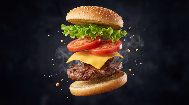 Deconstructed burger ingredients flying with hot patty