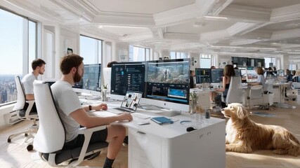 The Modern Office: Sunlight streams into a bright, contemporary office space. Employees work diligently at their computer and a friendly dog add a touch of warmth and relaxation to the scene.