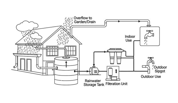 Rainwater harvesting system diagram for residential house.