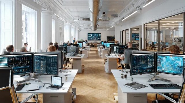 Modern Office: A contemporary office space bustles with activity, where diverse professionals engage in their daily work, surrounded by advanced technology and collaborative workstations. 