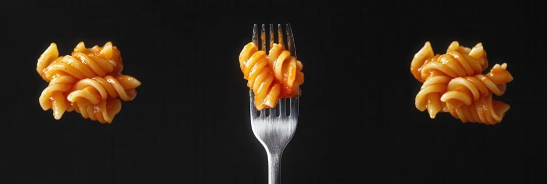 Pasta on a fork, isolated on a black background. A collage with pasta and tomato sauce, in the style of food photography. Minimal composition, simple studio set design. High-resolution photography